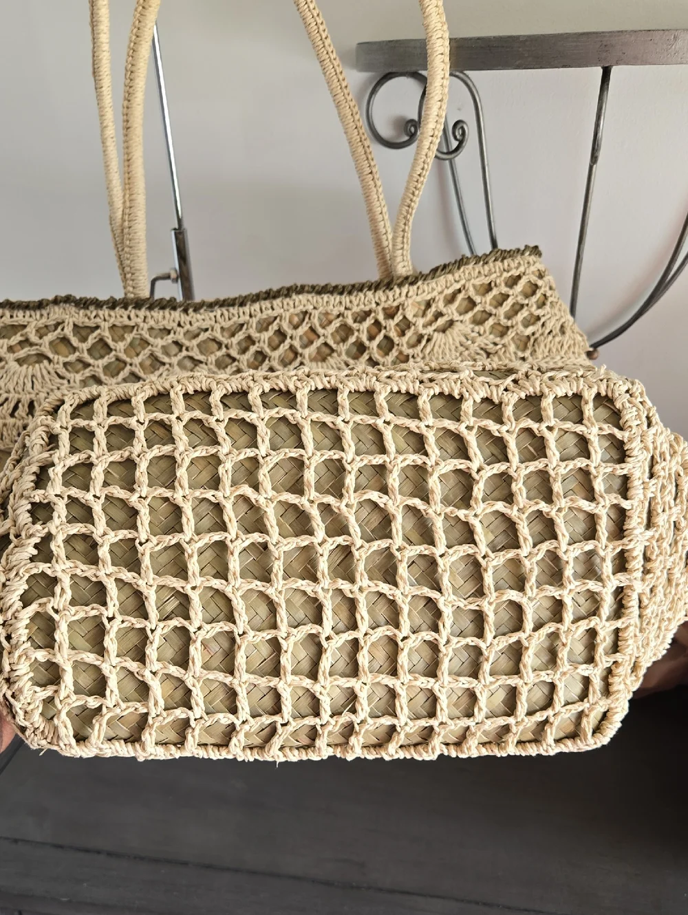 Coldwater Creek Straw Tote Bag with Bead Flower Accents